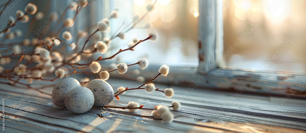 Poster easter decoration, eggs, pussy-willow branches on a wooden surface on a window background. with copy