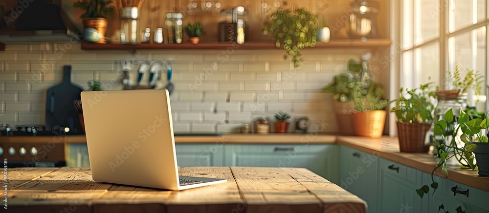 Aufkleber working from home - a laptop and an organizer on a kitchen table with kitchen in the background. wit