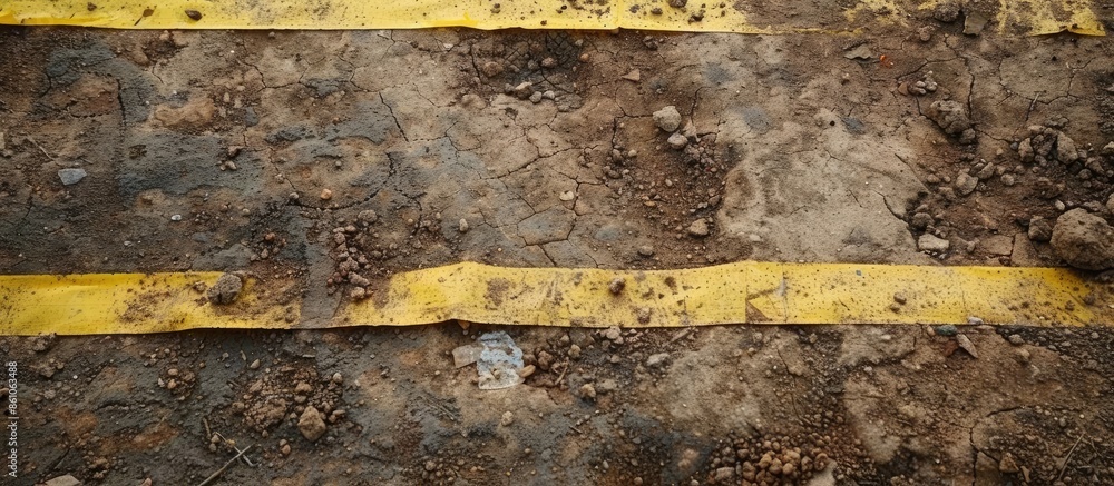 Poster Soil on earth as texture and background. Warning or protective tape at a construction site. with copy space image. Place for adding text or design