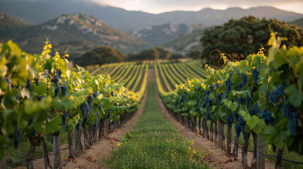 A picturesque scene captures rows of vines in a verdant field, laden with plump grapes ripe for harvesting, essential for crafting exceptional wines.