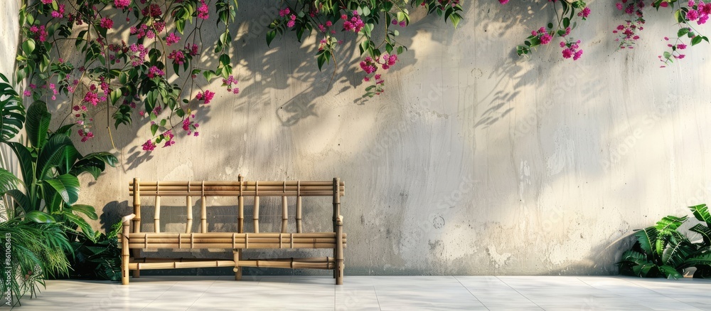 Poster The Bamboo Bench in Front of the Wall with Ivy and The Beautiful Flowers. with copy space image. Place for adding text or design