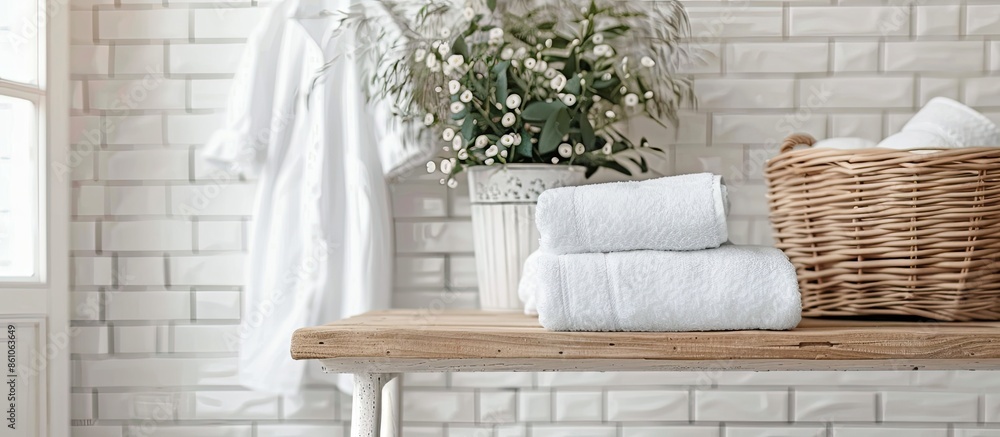Poster fresh laundry on white wooden table in bathroom. space for text. copy space image. place for adding 