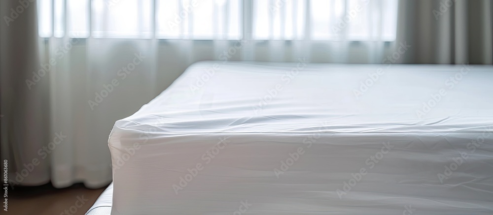 Poster bed corner with white fitted sheet. white sheet with elastic band. bed cover close up photo. with co