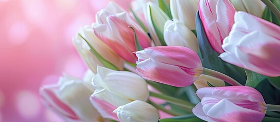 Obraz premium Bouquet with beautiful and fresh pink and white tulips on a pastel background. Buds of white and pink tulips. One tulip bud close up. with copy space image. Place for adding text or design