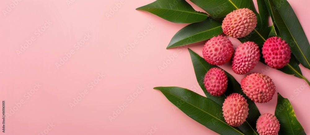 Poster lychee with leaves isolated on pastel background. tropical fruit. with copy space image. place for a