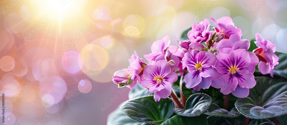 Poster flowering saintpaulias, commonly known as african violet. selective focus. with copy space image. pl