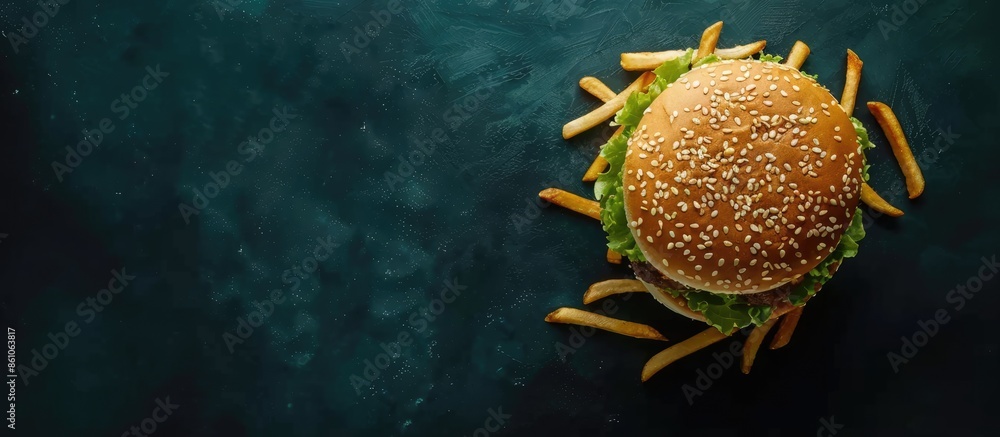 Aufkleber Burger with french fries on a dark background. with copy space image. Place for adding text or design