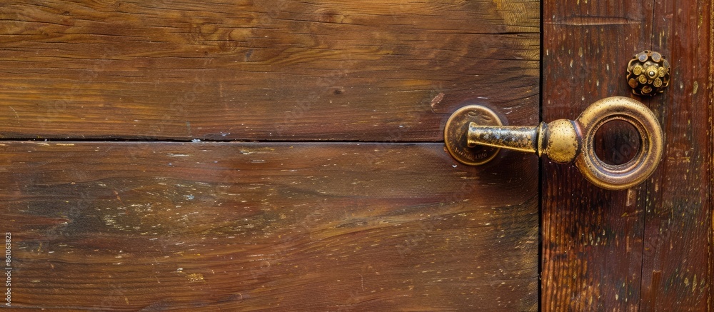 Poster Door handle closeup on brown background. with copy space image. Place for adding text or design