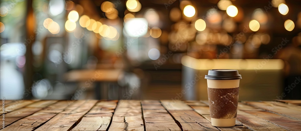 Poster selected focus empty brown wooden table and coffee shop blur background with bokeh image, for produc