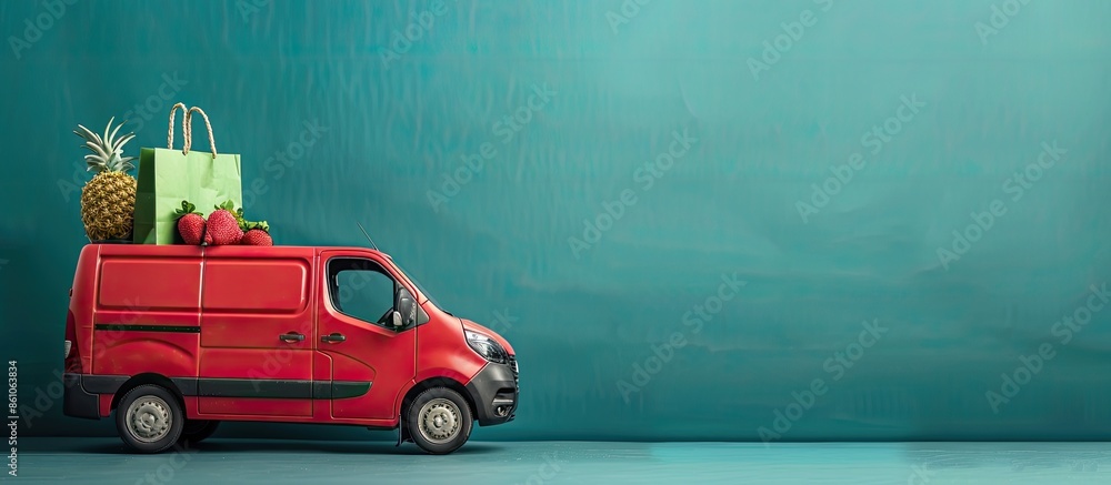 Poster delivery of the grocery shopping bag at home with a van on green background. copy space image. place