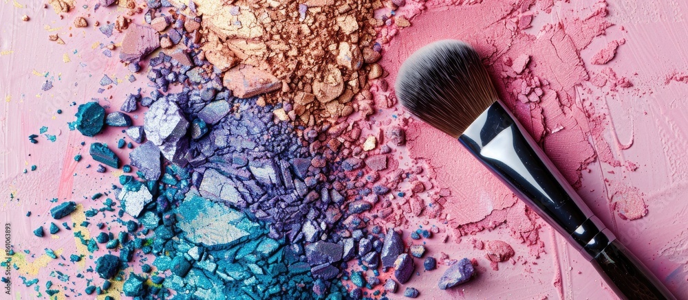 Poster Eye shadow with brush. pastel background  Texture  Isolated. with copy space image. Place for adding text or design