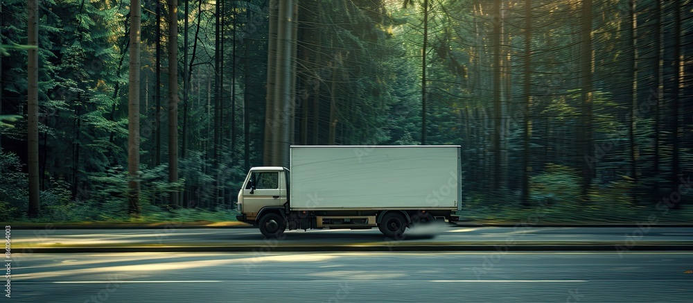 Poster Italian delivery truck in motion on forest road. Ther is a path for the Cabin and the bilboard. Copy space image. Place for adding text or design