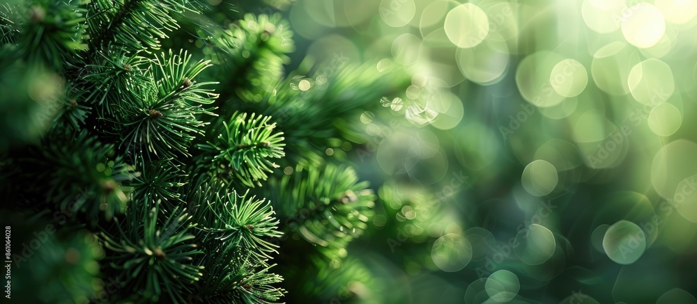 Poster Brightly green prickly branches of a fir-tree or pine. with copy space image. Place for adding text or design