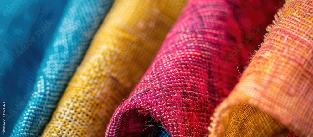 Poster Detailed close up view on fabric and textile surfaces in different colors. with copy space image. Place for adding text or design