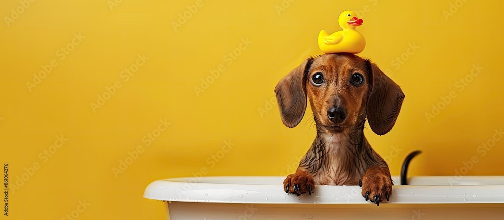 Poster dog puppy dachshund sitting in bathtub with yellow plastic duck on her head and looks up. with copy 