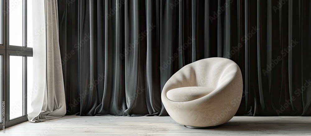 Poster comfortable beige chair near black textile curtains. with copy space image. place for adding text or