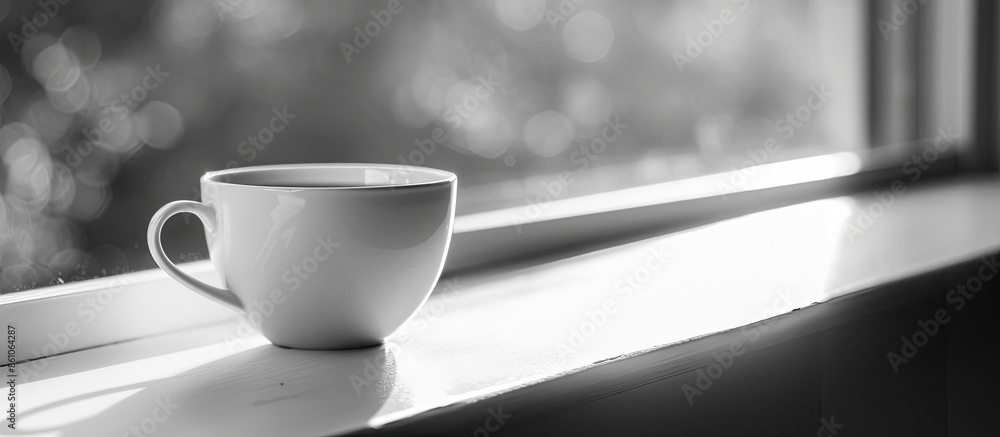 Aufkleber White cup of coffee on a sunlit window sill. Black and white image, selective focus. with copy space image. Place for adding text or design