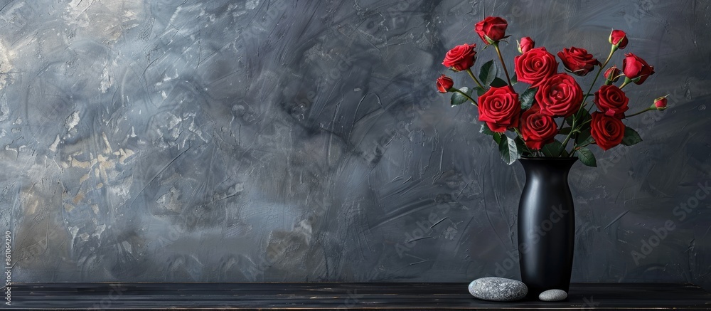 Poster bouquet of crimson spray roses in black vase and pebble on black wooden table against grey wall. wit
