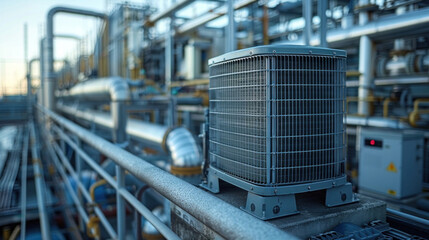 Air condenser unit on a building rooftop, equipped with essential pipes and fans. Ideal for showcasing HVAC cooling technology in urban environments.