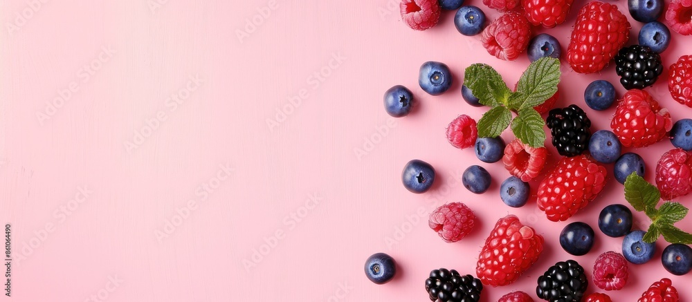 Leinwandbilder tasty and colorful berries in a pile pastel background. with copy space image. place for adding text