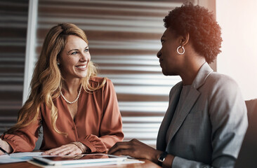 Business meeting, tablet and women with documents in office for planning, research or financial...