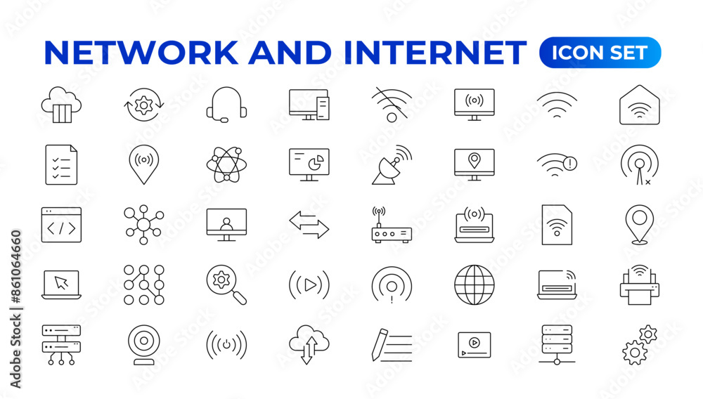 Poster set of network and internet outline icons. linear icon collection for online, computer, network, web