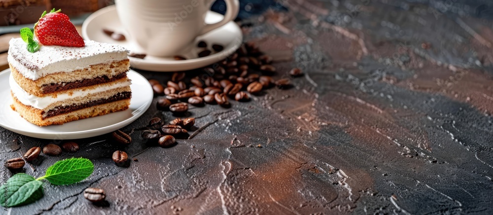 Aufkleber a cup of coffee with cake, an invigorating drink in the morning, home comfort. with copy space image