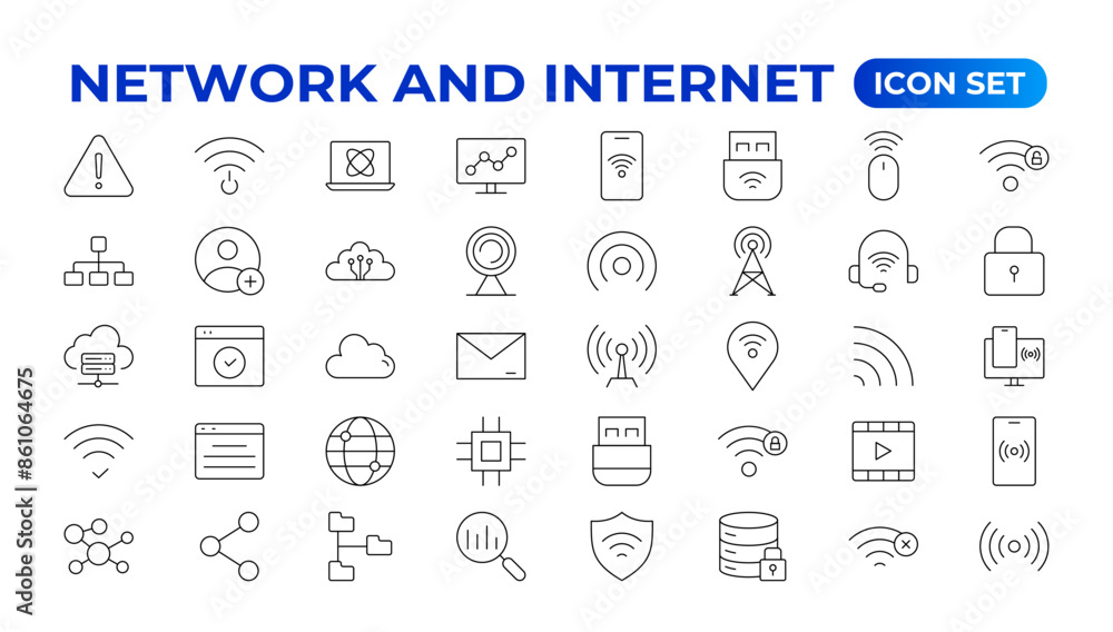 Poster set of network and internet outline icons. linear icon collection for online, computer, network, web