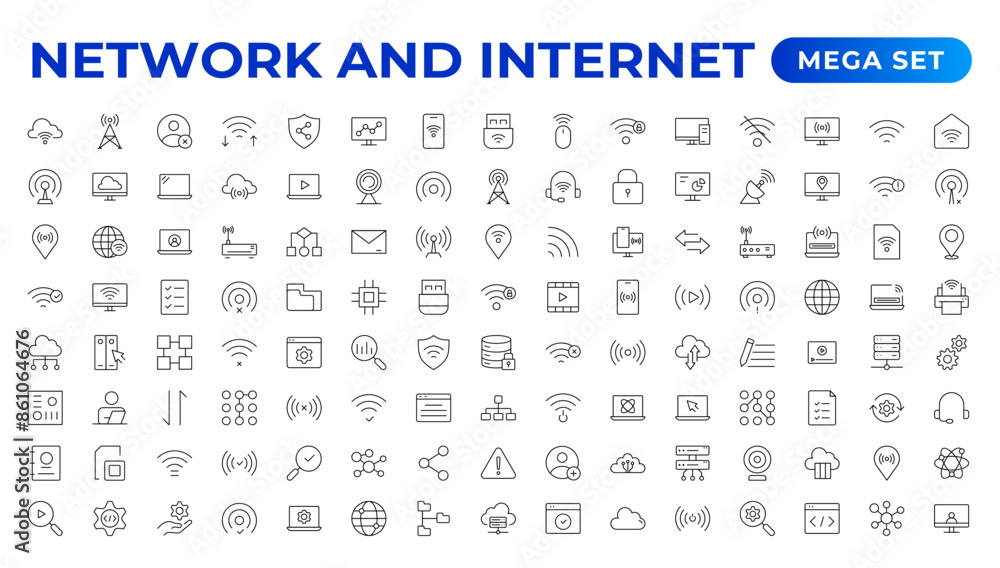 Poster set of network and internet outline icons. linear icon collection for online, computer, network, web