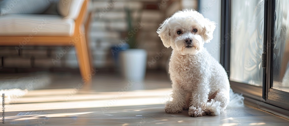 Poster white curly haired pet dog is sitting on a floor before a mirror-glass. with copy space image. Place for adding text or design