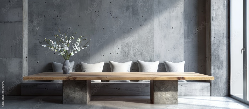 Poster dining room with a wooden table and bench made from concrete blocks and pillows. with copy space ima