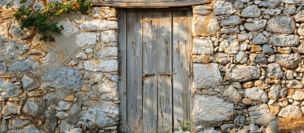 Poster Old wooden door in stone building. with copy space image. Place for adding text or design
