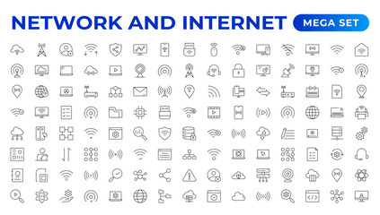 Set of Network and Internet outline icons. linear icon collection for online, computer, network, website, server, web design, hardware, software, and programming. Solid icons illustration collection.