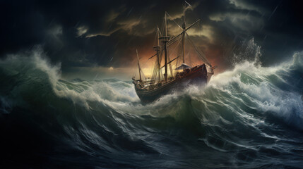 Obraz premium A boat is in the ocean with a stormy sky in the background