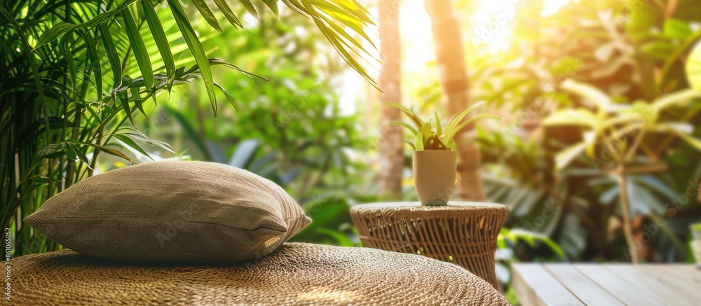 Poster comfortable pillow on sofa decoration outdoor patio with tropical and nature view. with copy space i
