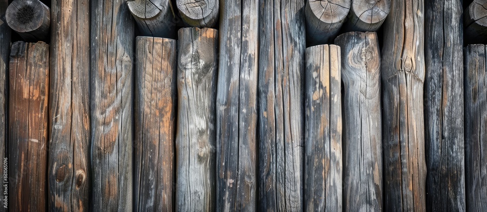 Poster Natural architectural texture of weathered round wooden poles exposed to sunlight. with copy space image. Place for adding text or design