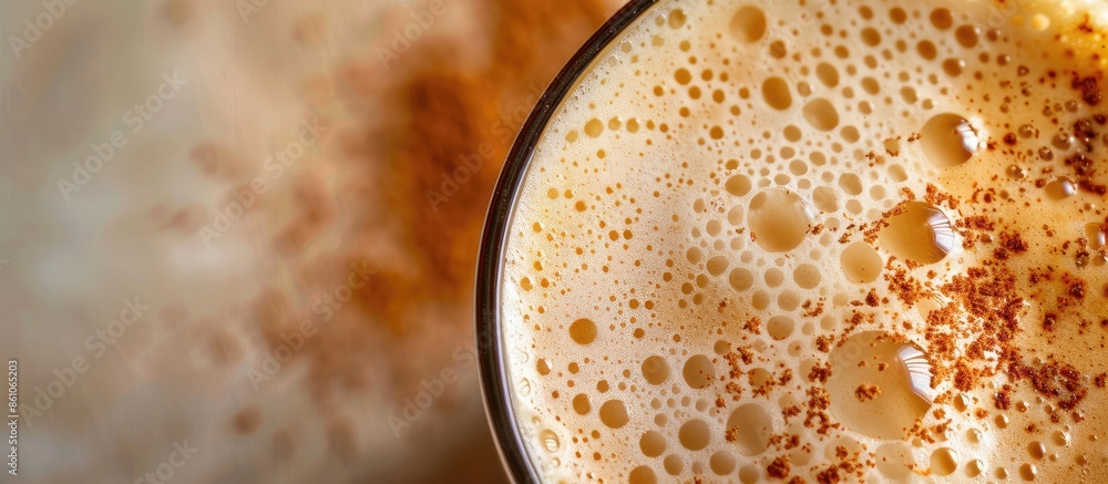 Poster close up shot of milk coffee drink. copy space image. place for adding text or design