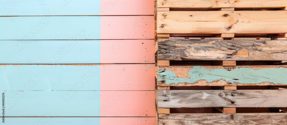 Poster Sets of wooden pallets stacked vertically pastel background. with copy space image. Place for adding text or design