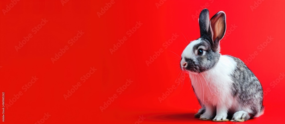 Poster Animal portrait: bicolor bunny on a red background. Selective focus. with copy space image. Place for adding text or design