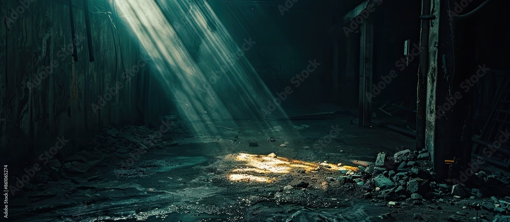 Poster Dark creepy abandoned coal mine in backlight. Copy space image. Place for adding text or design