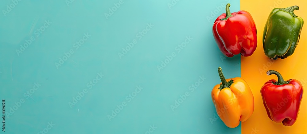 Poster three colored peppers vegetables isolated on pastel background. with copy space image. place for add