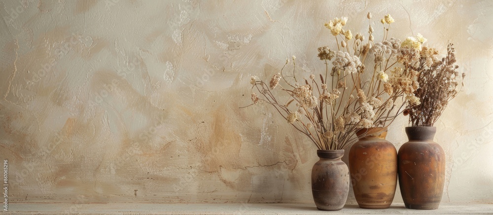 Poster dried flowers in brown pots. with copy space image. place for adding text or design
