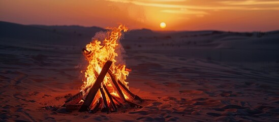Beautiful bonfire in the desert, rest in the UAE. Copy space image. Place for adding text or design
