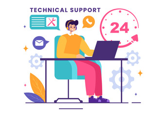 Vector Illustration of a Technical Support System featuring Software Development, Customer Service and Technology Help in a Flat Cartoon Background