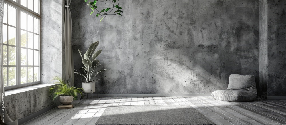 Poster interior of the apartment without decoration in gray colors. rough finish. with copy space image. pl