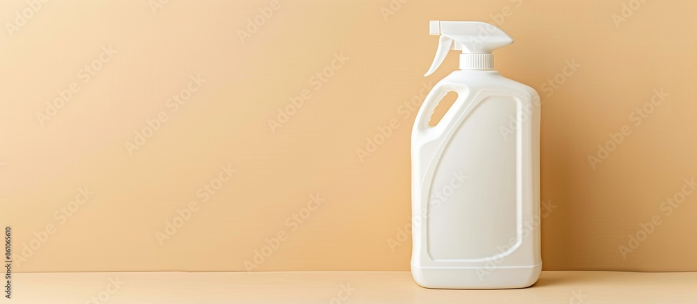 Poster Bottle with detergent on beige background. Cleaning supply. with copy space image. Place for adding text or design