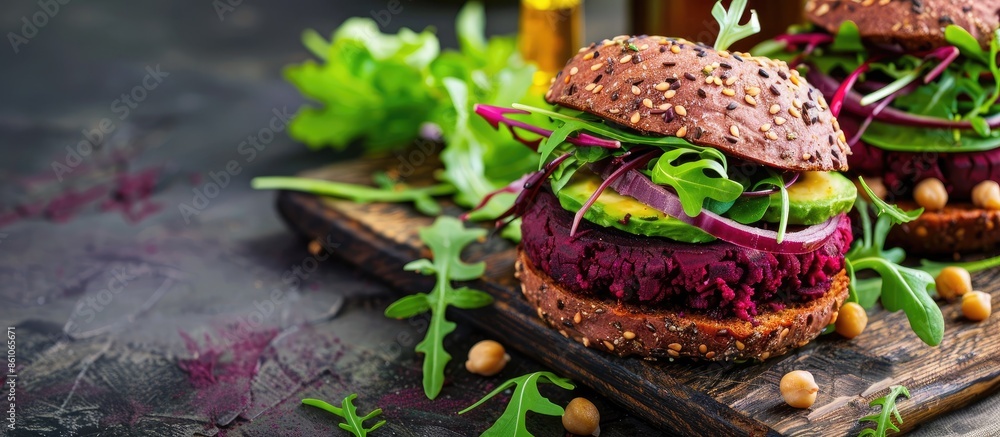 Aufkleber Vegetarian burger made of beetroot, broccoli and chickpeas with avocado and arugula. Copy space image. Place for adding text or design