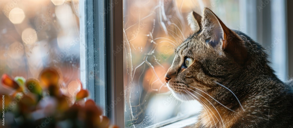 Poster brown cat at the window waiting for spring. with copy space image. Place for adding text or design