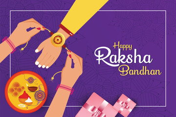 Obraz premium Happy Raksha Bandhan Indian Festival Rakhi banner. Sister ties bracelet on her brothers arm. Greeting card invitation design