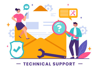 Vector Illustration of a Technical Support System featuring Software Development, Customer Service and Technology Help in a Flat Cartoon Background